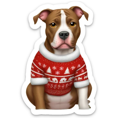 Pitbull type dog sitting down wearing a Christmas sweater sticker