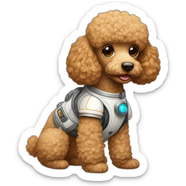 Light brown poodle seated with an spaceman suit sticker
