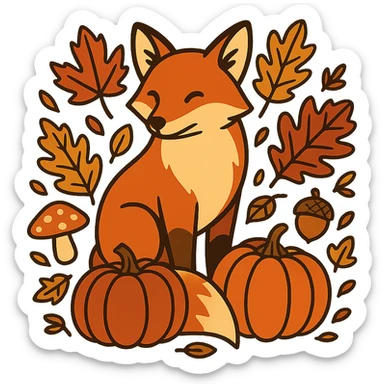 t-shirt design, vector illustration of a fox surrounded by autumn elements (fallen leaves, acorns, mushrooms, pumpkins), warm autumn color palette (orange, red, yellow, brown), clean bold lines, detailed but stylized, centered composition, no background, isolated graphic, modern flat style sticker