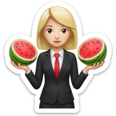 Blond girl in a suit holding two whole watermelons in front of her body sticker