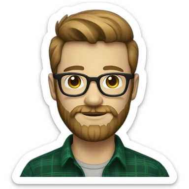 Hipster dude with beard and light brown hair wearing a dark green plaid shirt sticker