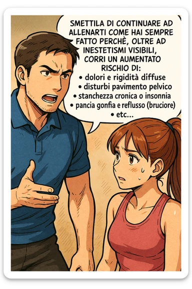 TRASFORMA QUESTO CAROSELLO IN UN FUMETTO STILE MANGA A COLORI CON QUESTE DUE PERSONE IDENTICHE CHE INTERLOQUISCONO TRA LORO:

LUI (UOMO): Smettila di continuare ad allenarti come hai sempre fatto perché, oltre ad inestetismi visibili, corri un aumentato rischio di:
    • dolori e rigidità diffuse
    • disturbi pavimento pelvico
    • stanchezza cronica o insonnia
    • pancia gonfia e reflusso (bruciore)
    • etc… sticker