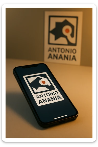 A photo of an iPhone on the desk with the message "Antonio Anania" on its screen, The phone sits atop a desk with a blurred background that suggests work environment. A faint glow from above casts gentle shadows across the surface of each object, creating depth and highlighting their textures sticker