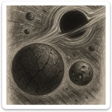 hand drawn map of dark back ward -“A dark cosmic region orbiting a massive black hole. No sunlight. A dead solar system with twisted planets and moons circling in silence. Monde Noir looms in the foreground — a cracked, obsidian planet with no atmosphere. Its moon, Oblieth, floats nearby, scarred and pitted, with faint green lights glowing from within cave openings. Stars are distorted and streaked by gravitational lensing. The entire scene is heavy, quiet, and surreal.” sticker