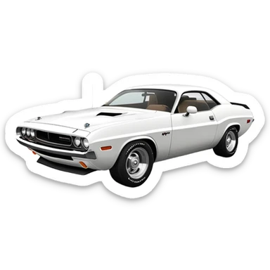 Perfectly structured white 1971 Dodge Challenger from Death Proof, exact 30-degree perspective showing front and side, maintaining authentic muscle car proportions, all-white finish, iOS emoji style sticker