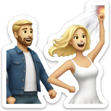 A White man and a blonde woman dansing with a fireworks by night sticker