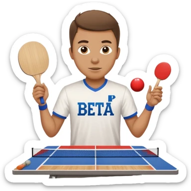 Guy playing ping pong on a 4x8 wooden table no net and only one paddle wearing a frat shirt with the letters beta theta pi on the front  sticker