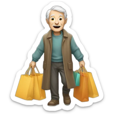 Old man with a walking stick and a lot of shopping bags sticker