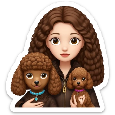 A girl who has long brown hair and wears a fur jacket holds a brown poodle sticker