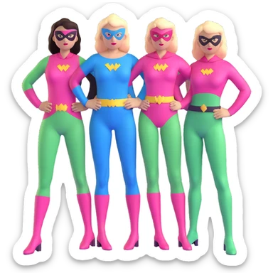 three female superheroes posing together - one wearing light blue outfit, one wearing pink outfit, and one wearing light green outfit sticker