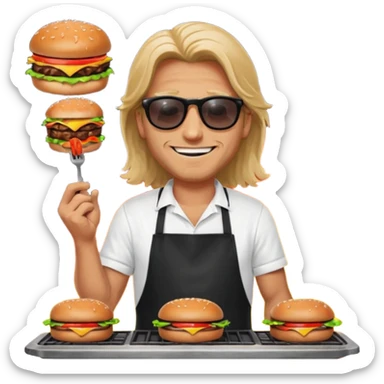 long hair man grilling wearing shade smiling in a white tshirt and a black apron grilling burger and meat on a sizzling grill sticker