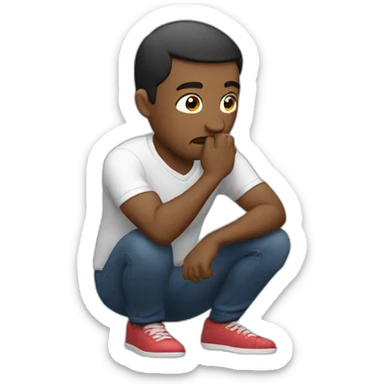 A man squats holding his head sticker