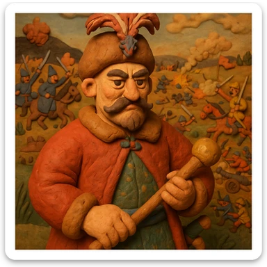 Transform the image into a claymation style with soft textures and warm tones, resembling hand-molded plasticine. Add a background depicting a historical battle of the 17th century between Ukrainian Cossacks and Poles, with warm colors and detailed claymation elements. sticker