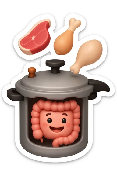 emoji stile iphone in 3d di una pentola a pressione dentro cui cadono agnello, pollo, tacchino crudi e un intestino umano felice da cuocere, iperrealistico 4k sticker