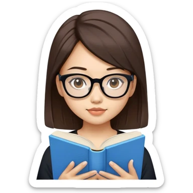 pretty asian girl reading a blue book black top white glasses brown hair sticker