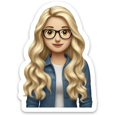 White girl blue eyes and glasses with long voluminous blonde hair with highlights balayage holding a laptop 
 sticker