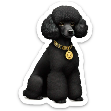 A black miniature poodle with a shaved face and a black collar with gold Versace emblems on it sticker