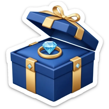 A dark blue gift box for jewelry containing a gold ring with a diamond sticker