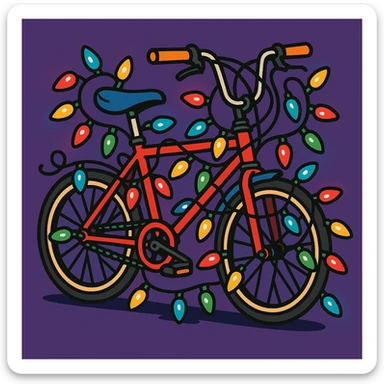 A retro 1980s bicycle with Christmas lights, referencing Stranger Things, in a vibrant cartoon style sticker