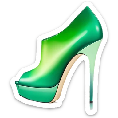 Realistic isolated top front view of a pair of emerald green to mint green ombre Jimmy Choo peep toe stiletto ankle booties. sticker