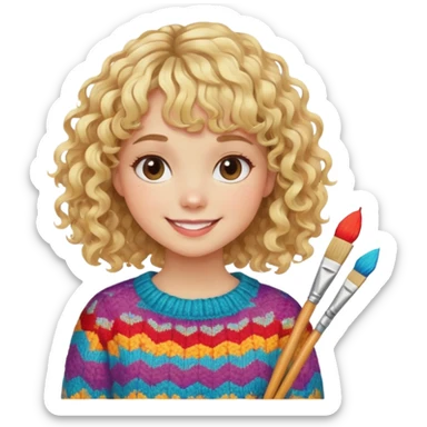 smiling girl with curly blonde hair and bangs with brushes and colourful  knitted sweater sticker