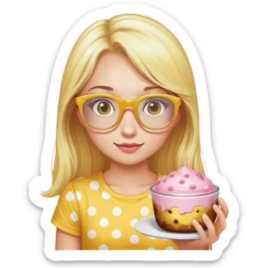 a girl with long lashes, long blonde hair, light pink glasses, wearing yellow polka dot t-shirt, holding a pudding sticker