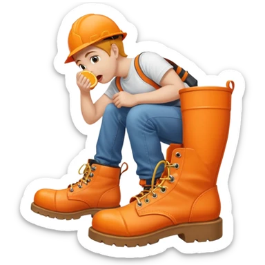 Person licking a large orange work boot sticker