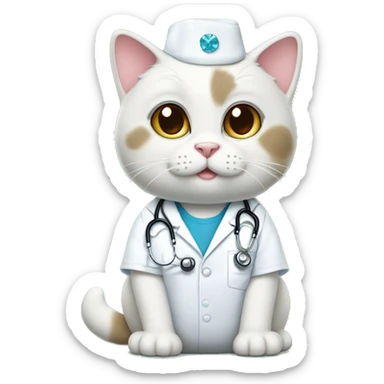 white chubby rag doll cat that is wearing scrubs and stethoscope with diamonds  sticker