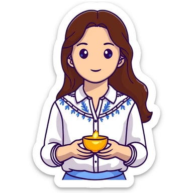 Ukrainian young girl with long brown hair in a white traditional embroidered shirt, cupping a small glowing blue light in her hands representing her soul sticker