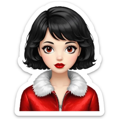Alluring 1960's mod French girl french shiny black wavy textured bob haircut tousled hair red lips wearing furry jacket sticker