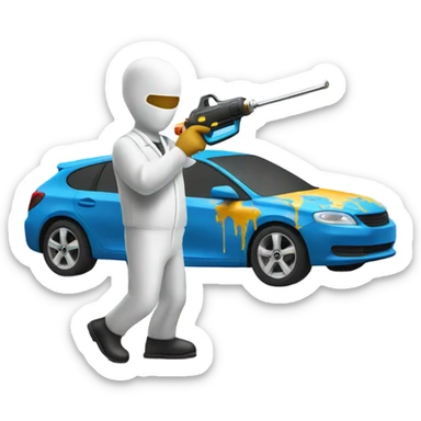Guy in a paint suit using a spay gun to paint a car sticker