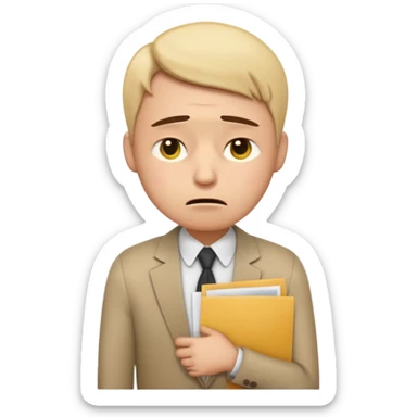  emoji character wearing a interview clothoes. face has a very sad crying, disappointed expression with drooping eyebrows and half-closed eyes. posture is dejected, with slumped shoulders just rejected from his interview to get a job, holding CV. dont make it old person. sticker