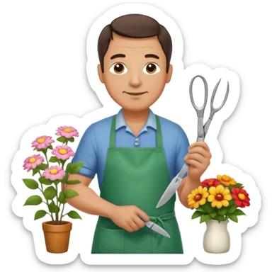 Middle-aged male florist – apron on, trimming stems with scissors sticker