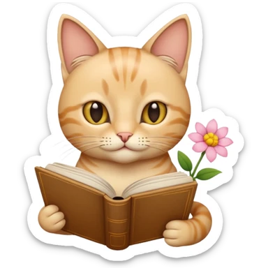 Beige Cat reading book + flower sticker