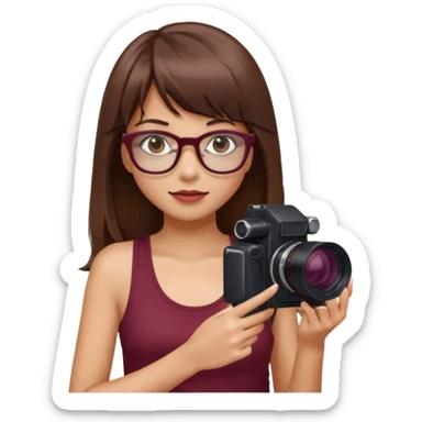 Una chica pelo largo con flequillo color marrón y gafas con estilo de periodista súper top, también agrega una cámara en sus manos, también que su vestimenta sea una blusa de tirantes color vino sticker