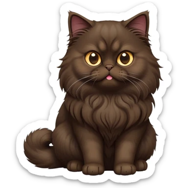 cinematic-[dark brown persian cat]-realistic-full-body-sitting-emoji,-tail-curled-playfully-around-its-paws,-head-tilted-dramatically,-fluffy-[dark brown]-fur,-simplified-yet-realistic-focused-features,-highly-detailed,-glowing-with-an-almost-sarcastic-glow sticker