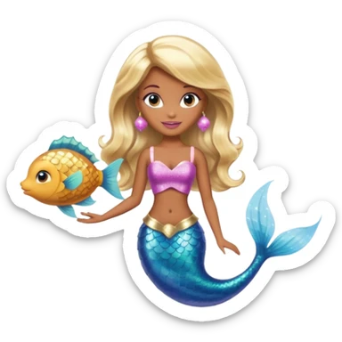 Brown skin blonde hair barbie mermaid with glitter tail  with pufferfish sticker