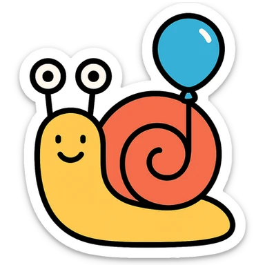 happy snail with cheerful eyes and a balloon on its shell, colorful outline icon style sticker
