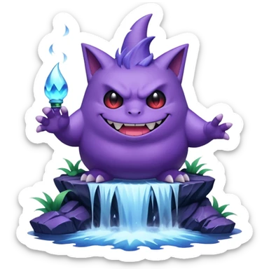 gengar from pokemon on a huge waterfall using poison magic sticker