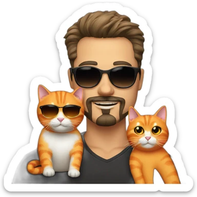 polish man with goatee in sunglasses holding one orange cat and one black cat sticker