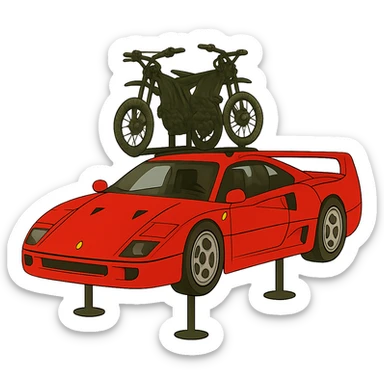 Make the two Sur-Ron electric bikes on the roof rack much smaller in proportion to the cartoonish Ferrari F40. Keep the background transparent. sticker