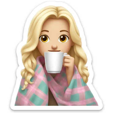 cute blonde girl wrapped in pastel pink plaid blanket drinking coffee sticker