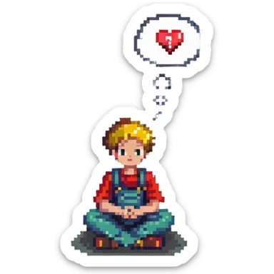 boy sitting, looking thoughtful, with a thought bubble containing a heart and question mark sticker
