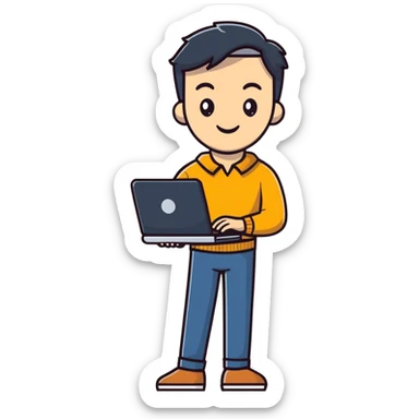 full body male teacher with attractive handsome face in casual clothes holding a laptop sticker