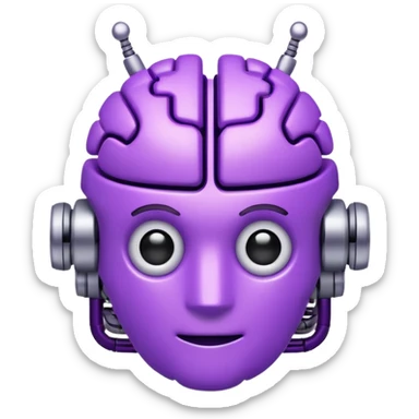 3D emoji icon of a purple circuit-patterned brain, small robot head with antennas on top, glowing binary ring, clean white background, minimalist tech style." sticker