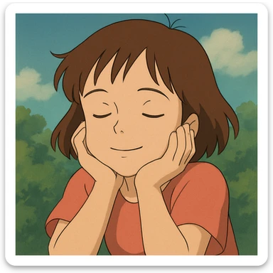young white girl with brown hair, calm face, head resting on hands, feeling of mission accomplished, ghibli style sticker