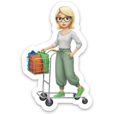 Fille blonde, pantalon d’Aladin vert. Lunettes ronde fine. Elle pousse un bac à roulette remplie de chaussettes  sticker