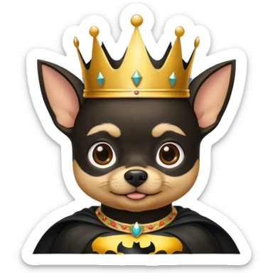 Chihuahua wearing a crown on his head and a Batman cape around his neck sticker