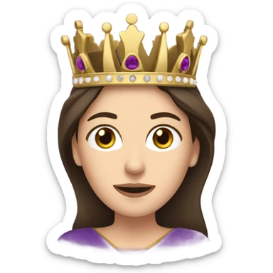 Caucasian long brunette woman wearing formal royal purple robes and a crown whose face shows love and adoration to the man she adores  sticker