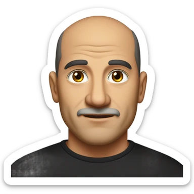 A middle-aged Italian man with olive-toned skin and a confident demeanor, sporting a buzz cut and no facial hair. He is wearing a sleek black smart shirt, casually unbuttoned at the top. sticker